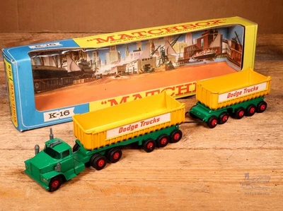 Matchbox Lesney King Size K-16 trattore Dodge con doppio ribaltabile scatola originale vintage - Immagine 1 di 4