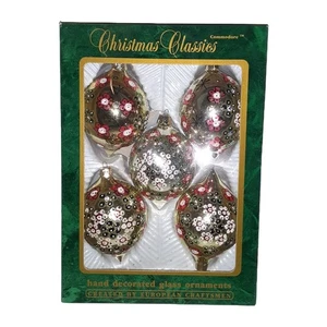 Vtg Commodore Christmas Classics Glass Ornaments Gold Pink Black Romania Set 5 - Picture 1 of 6