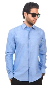 New Mens Dress Shirt Solid Blue Tailored Slim Fit Wrinkle Free Cotton AZAR MAN - Picture 1 of 4