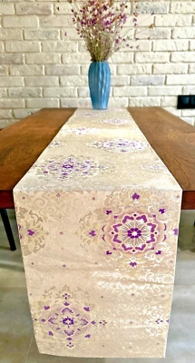 Japanese Silk Obi Brocade Silver Purple Floral Table Runner Centerpiece Handmade - Image 1 of 4