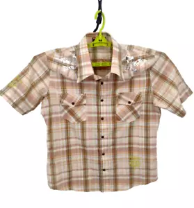 Diesel Hemd Damen XL hellbraun kariert Perlen Druckknopf Western Grafik Kurzarm - Bild 1 von 24