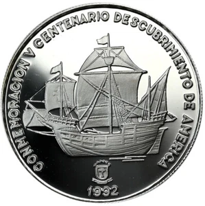 EQUATORIAL GUINEA 7000 Francs 1991 Silver PF Discovery America -Santa Maria Ship - Picture 1 of 2