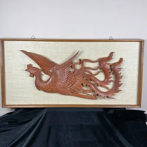 Madera tallada a mano vintage Phoenix pájaro asiático 3D decoración de pared arte boho MCM 32 x 16 - Imagen 1 de 6