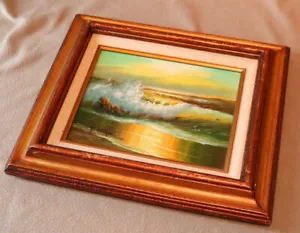 Vintage Gemälde SURF Strand Sonne hinter Wellen Gras Ufer Maritim GERAHMT schön GY - Bild 1 von 11