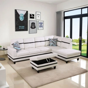 103.5" Sectional Sofa Set L-Shaped Lint & PVC 5 Seater Couch w/ Chaise Ottoman - Picture 1 of 10