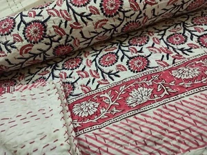 Indian Cotton Kantha Hand Block Print Handmade King Size Bedspread Quilt pink - Picture 1 of 13