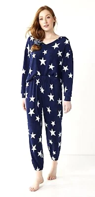 NWT JUNIOR'S "SO" BLUE WITH WHITE STARS BOXY FUZZY PAJAMA TOP SET XL MSRP $40.00 - Image 1 of 4