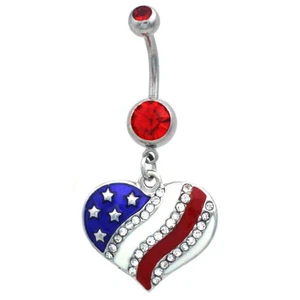 USA American Flag Heart  Patriotic 4th of July Red Barbell Dangle Belly Ring - Picture 1 of 2