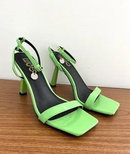 EGO Square Toe Strappy Stilettos 10cm Heel Charm Shoes UK 4 EU37 Neon Club Party - Picture 1 of 9