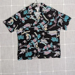 Vtg Aloha Line Hawaiian Shirt Mens Large Black Pink Camp Island Beach Luau Car - Picture 1 of 15