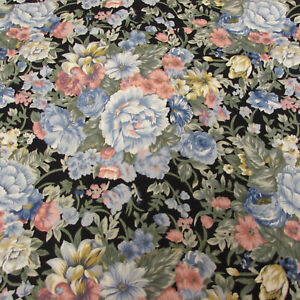 Cotton Fabric Floral Pink Blue on Black  KAUFMAN Cotton 2yd 8" x 42