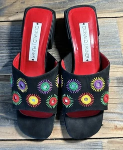VTG 90s Donald Pliner Rainbow Mirror Embroidered Boho Y2K Block Heel Sandal 9 - Picture 1 of 9
