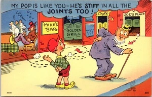 Postcard Drunk Humor Boy Old Man Pop Stiff Joints Mikes Bar Drinking D23 - Picture 1 of 2