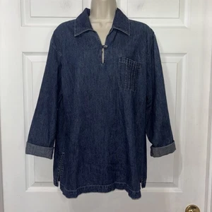 J JILL DENIM Tunic Top Sz M Dark Blue Chambray Long Sleeve Pocket Collared LS - Picture 1 of 6