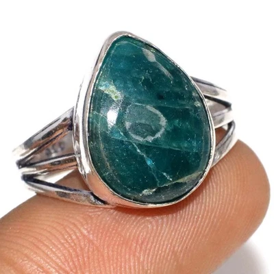 Кольцо ручной работы с голубым апатитом покрытие серебром 925 США 10 рождественских украшений GW - Изображение 1 из 3