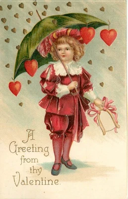 Postal de San Valentín en relieve Clapsaddle Boy en paraguas rojo corazones lloviendo 952 Foto 1 de 2