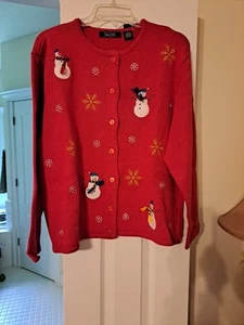 Crystal-Kobe Women's Red Christmas Cardigan Sweater Snowmen Design Size Large - Picture 1 of 2