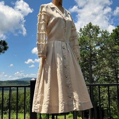 Vintage 50s Carlye Linen Cutout Tassel Full Skirt Midi Dress Moygashel - Image 1 of 4