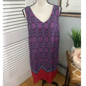 SAINT TROPEZ WEST Womens Dress 10 Blue Red Geometric Print Shift Bohemian Summer - Picture 1 of 10