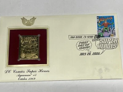 AQUAMAN DC COMICS SUPER HEROES 22KT GOLD REPLICA STAMPS FIRST DAY OF ISSUE  2006 - Image 1 of 4