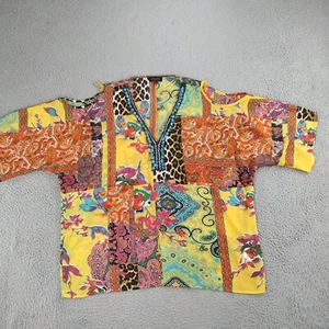 Melissa Paige Blouse Top Womens 1X Patchwork V-Neck Cold Shoulder Beaded Boho - Picture 1 of 21
