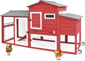 Petscosset Chicken Coop with Run, Large Hen House with Nesting Box & Tray, Red - Picture 1 of 7