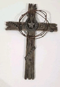 Rustic Western Style Resin Lone Star Cross Wall Hanging 15x10 Barbed Wire Faith - Picture 1 of 5
