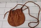 Small Distressed Leather Drawstring Pouch With Braided Shoulder Strap Color...