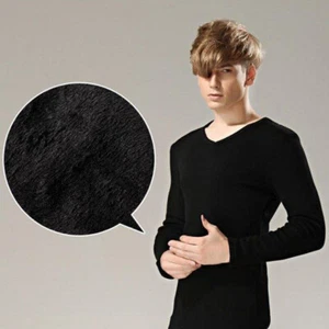 Mens Casual Workout V Neck Long Sleeve Fleece Top Slim Fit Warm Underwear Shirt - Picture 1 of 3