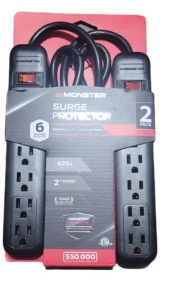 MONSTER SURGE PROTECTOR 6 GROUNDED OUTLET 2 PACK 620J 2 FT EXTENSION NEW - Image 1 of 2