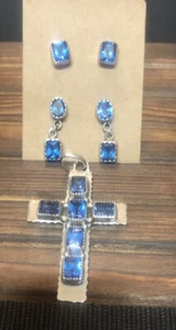 Signed BH Native American Sterling Silver and Blue Topaz Earrings, Cross Pendant - Picture 1 of 6