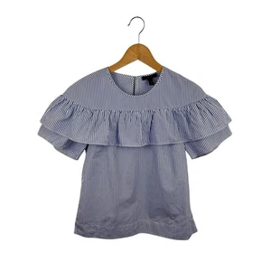 J. Crew Edie Top Blue Stripe 0 Cotton Ruffle Preppy - Picture 1 of 7
