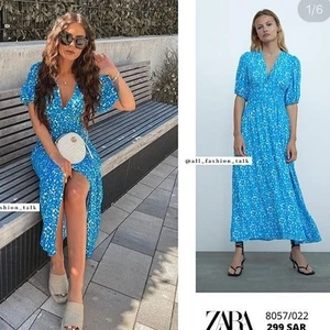 VESTIDO MUJER ZARA AZUL ESTAMPADO FLORAL MANGA CORTA MAXI ABERTURA DELANTERA 8057/022 S - Imagen 1 de 15