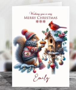 Personalised Squirrel in Knitwear Glossy Christmas Greetings Card - Choose Size - Picture 1 of 3