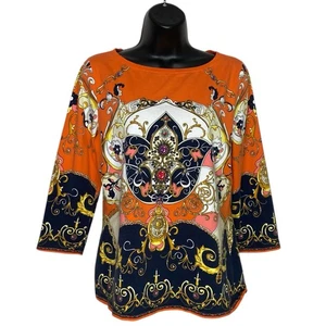 Vtg Talbots Top Womens M Orange Boho 3/4 Sleeve Shirt Preppy Old Money Baroque - Picture 1 of 10
