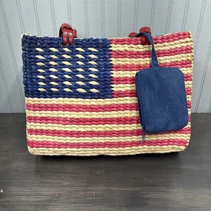 American Flag Straw Tote Handbag New No Tags With Change Purse Vintage Patriotic - Picture 1 of 9