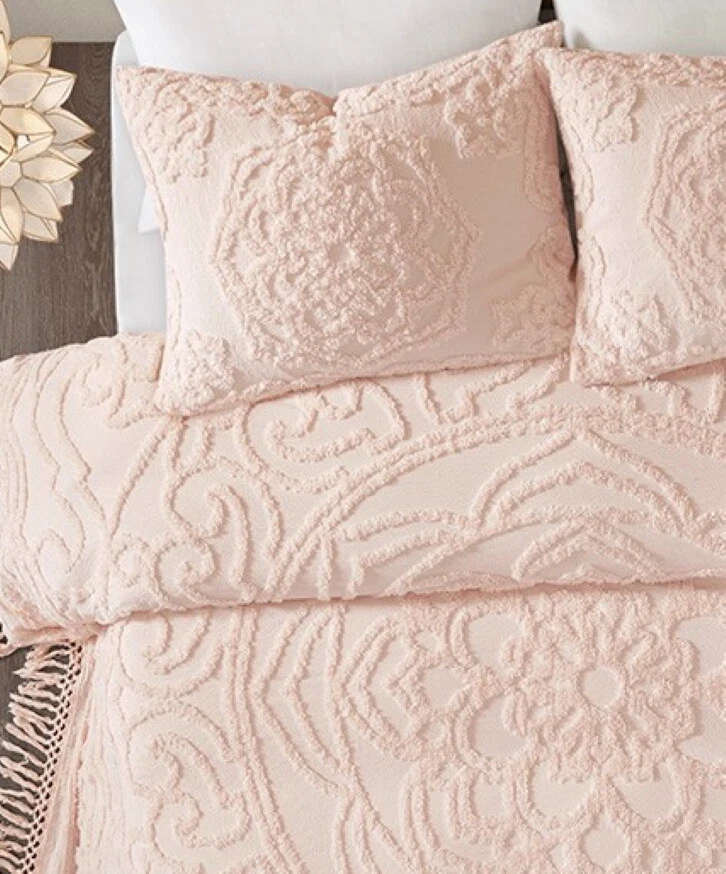 BLUSH PINK CHENILLE 3p Queen COVERLET SET : VINTAGE STYLE COTTON FRINGE - Image 1 of 4