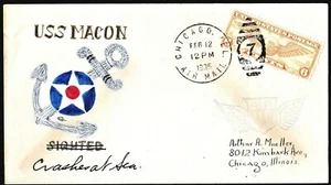 USS MACON ZRS-5 Zep Crash Cover Chicago Air Mail Field Feb 12 1935 Mueller Cach - Picture 1 of 1