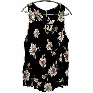 Haute Fox Black Floral Tank Top, Crisscross Keyhole Cami / Sleeveless Blouse, 3x - Picture 1 of 7
