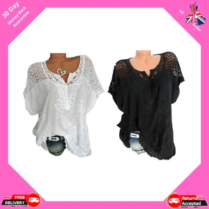 Womens T-Shirt Ladies Batwing Short Sleeve Lace Hollow Baggy Casual Tops Blouse - Picture 1 of 21