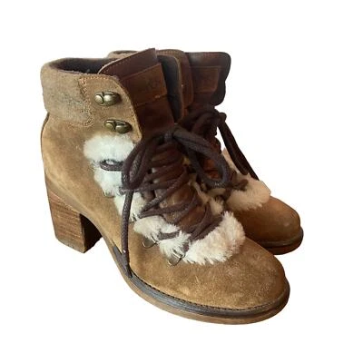 Bos. & Co. Shearling Brown Leather Boots Lace Up Fur Heel Sz 7.5 Platform  - Image 1 of 4