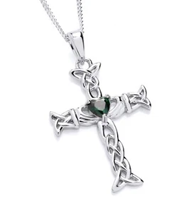 Sterling Silver Emerald Cz CLADDAGH Celtic Irish Cross Pendant Necklace + Chain - Picture 1 of 9