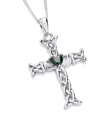 Sterling Silver Emerald Cz CLADDAGH Celtic Irish Cross Pendant Necklace + Chain - Image 1 of 4