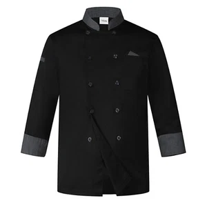 Mens Unisex Double-Breasted Chef Coat Contrast Color Stand Collar Uniform - Picture 1 of 27