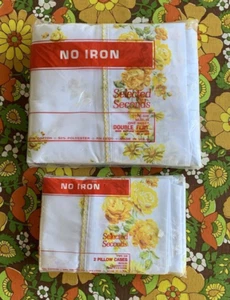 Vintage 70's Flower Power Double Flat Sheet And 2 Pillowcases - Picture 1 of 13