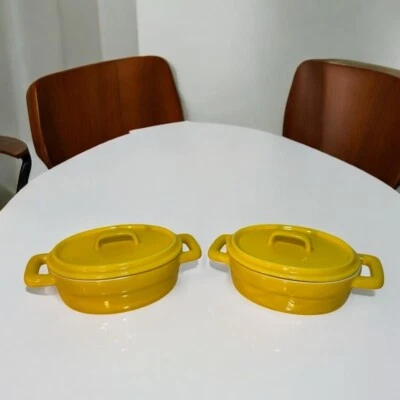 2 Pier 1 imports Stoneware Covered Mini Casserole Yellow Mini Dish Ramekin - Image 1 of 4
