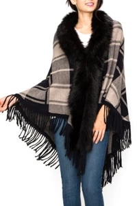 SCHAL SCHWARZ/HELLBRAUN KARIERT Kunstfellbesatz kariert Fransenschal HALSTUCH PONCHO FRANSEN  - Bild 1 von 2