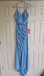 Dancing Queen Ruched Satin Prom Dress Size Small with Slit Dusty Blue NEW $99 - Picture 1 of 7