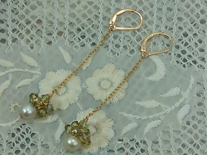 Pendientes De Colección 14/20 Oro 14k Lleno Cadena Cuelga Perla Cristal Racimo Cuentas - Imagen 1 de 10