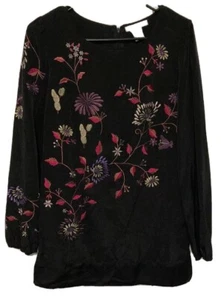 WDNY Womens Shirt Medium Polyester Black Embroidered Floral Pattern Blouse - Picture 1 of 10